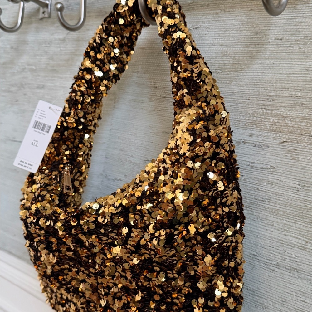 NWT new Anthropologie paillette sequin crescent bag gold purse - Picture 7 of 15